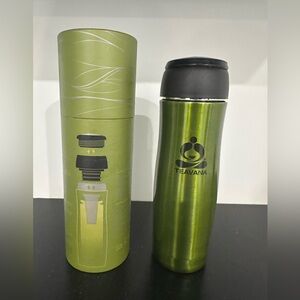 TEAVANA OLIVE GREEN TUMBLER WITH BLACK LID.